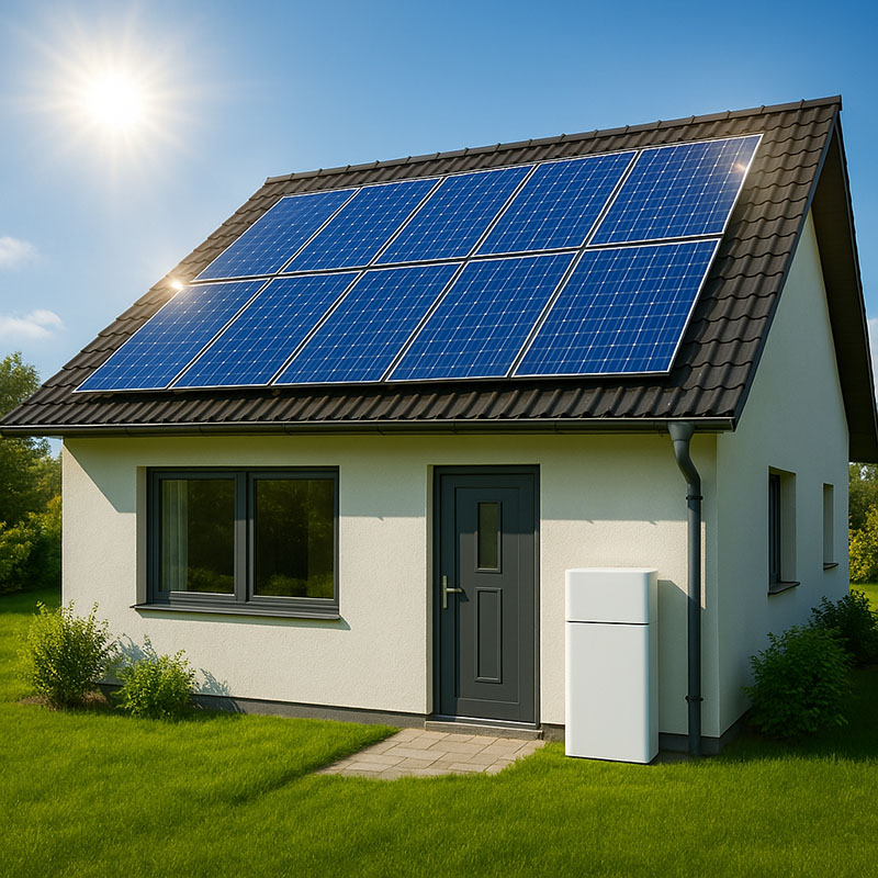 Dom z fotowoltaiką na dachu, przy ścianie magazyn energii. W tle świeci słońce